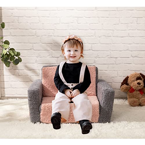 ALIMORDEN 2-in-1 Flip Out Cuddly Sherpa Kids Couch, Convertible Sofa to Lounger, Grey and Pink