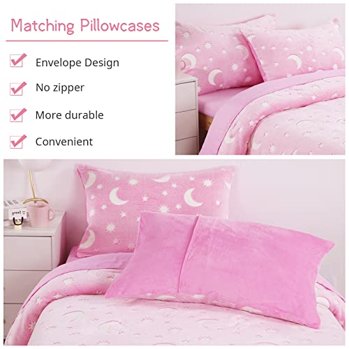 HOMBYS Glow in The Dark Comforter Set 5 Piece Twin/Twin XL with Sheets, Pink Velvet Bedding Comforter Sets for Twin Bed, Ultra Soft Down Alternative Comforter for Teenage Girls Kids, Bed in a Bag
