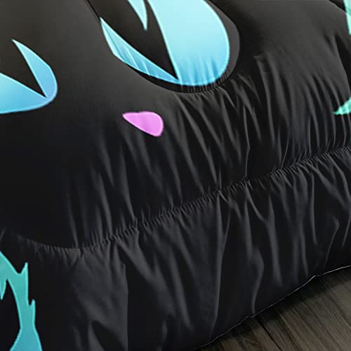 Axolotl Kids Bedding Cartoon Cat Comforter Set Twin Size,Gradient Line Cute Cat Bedding Set for Teens Kids Boys Girls Adults Room Decor,Kids Comforter Set All Season,1 Comforter 2 Pillow Cases,Black