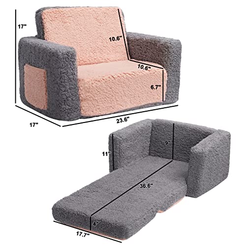 ALIMORDEN 2-in-1 Flip Out Cuddly Sherpa Kids Couch, Convertible Sofa to Lounger, Grey and Pink