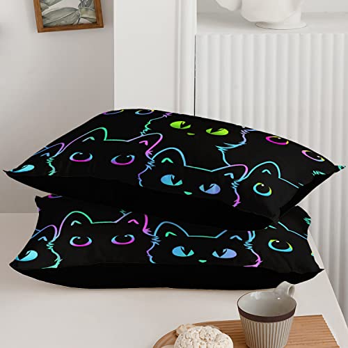 Axolotl Kids Bedding Cartoon Cat Comforter Set Twin Size,Gradient Line Cute Cat Bedding Set for Teens Kids Boys Girls Adults Room Decor,Kids Comforter Set All Season,1 Comforter 2 Pillow Cases,Black