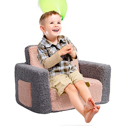 ALIMORDEN 2-in-1 Flip Out Cuddly Sherpa Kids Couch, Convertible Sofa to Lounger, Grey and Pink