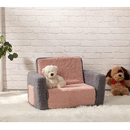 ALIMORDEN 2-in-1 Flip Out Cuddly Sherpa Kids Couch, Convertible Sofa to Lounger, Grey and Pink