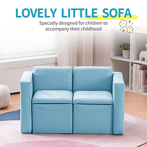 UNICOO –Kids Sofa, 2-in-1 Double Set Sofa Convert to Table & 2 Chairs, Toddler Lounge with Leather Surface, Children Boys Girls Couch Armrest Chair with Storage Box (ZKL-111K-Light Blue)