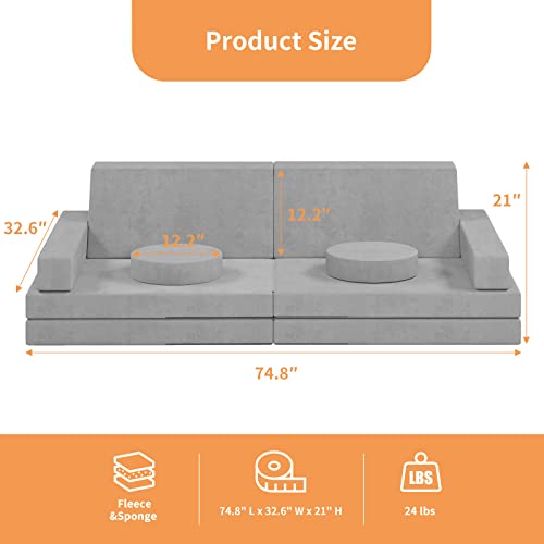 linor Kids Couch 10 Pcs Toddler Couch, Baby Kids Sofa Couch for Bedroom & Playroom, Over 10 Combinations Creative Modular Sofa for Imaginative Kids, Kids Furniture(Grey)