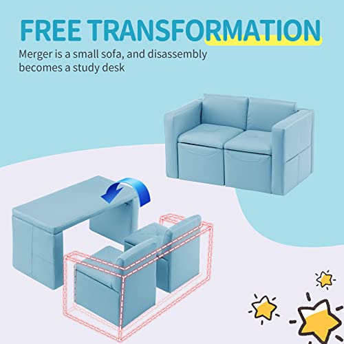 UNICOO –Kids Sofa, 2-in-1 Double Set Sofa Convert to Table & 2 Chairs, Toddler Lounge with Leather Surface, Children Boys Girls Couch Armrest Chair with Storage Box (ZKL-111K-Light Blue)