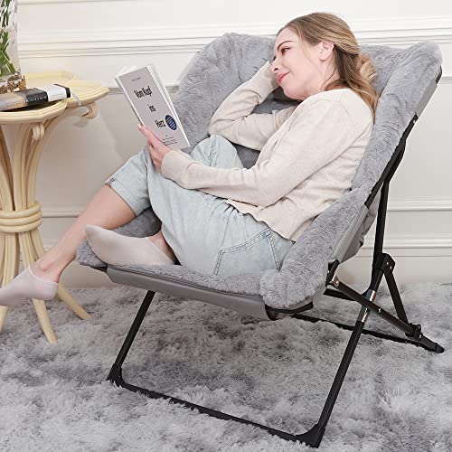 OAKHAM Comfy Saucer Chair, Foldable Faux Fur Lounge Chair for Bedroom and Living Room, Flexible Seating for Kids Teens Adults, X-Large, Gray