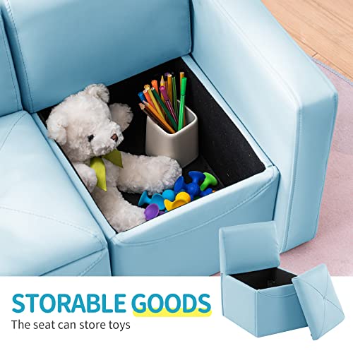 UNICOO –Kids Sofa, 2-in-1 Double Set Sofa Convert to Table & 2 Chairs, Toddler Lounge with Leather Surface, Children Boys Girls Couch Armrest Chair with Storage Box (ZKL-111K-Light Blue)