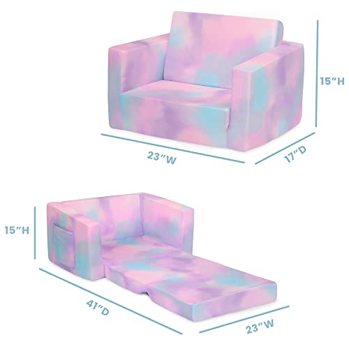 Delta Children Cozee 2-in-1 Convertible Sofa to Lounger - Comfy Flip Open Couch/Sleeper for Kids, Pink Tie Dye
