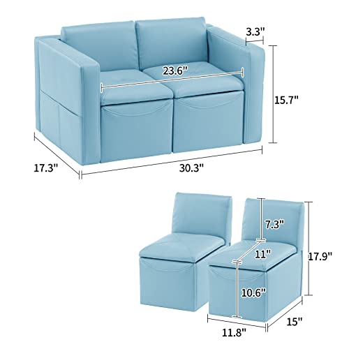 UNICOO –Kids Sofa, 2-in-1 Double Set Sofa Convert to Table & 2 Chairs, Toddler Lounge with Leather Surface, Children Boys Girls Couch Armrest Chair with Storage Box (ZKL-111K-Light Blue)