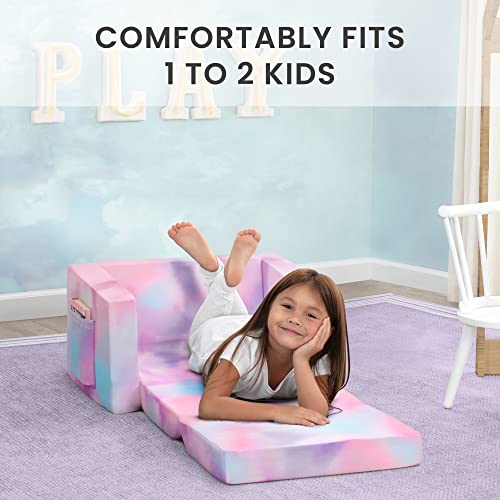Delta Children Cozee 2-in-1 Convertible Sofa to Lounger - Comfy Flip Open Couch/Sleeper for Kids, Pink Tie Dye