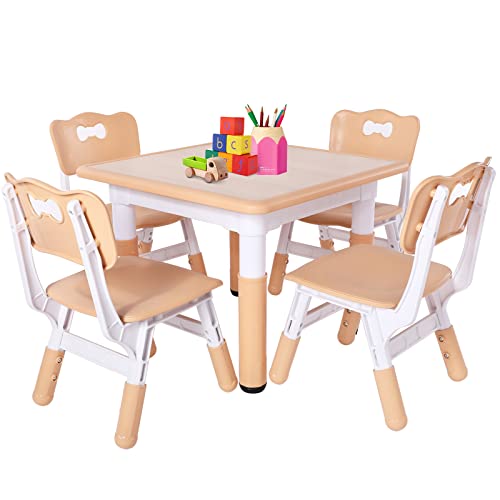 FUNLIO Kids Table and 4 Chairs Set, Height Adjustable Toddler Table and Chair Set for Ages 3-8, Easy to Wipe Arts & Crafts Table, for Classrooms/Daycares/Homes, CPC & CE Approved（5-Piece Set）
