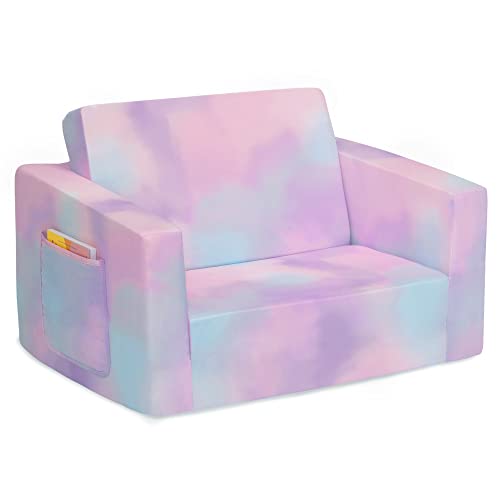 Delta Children Cozee 2-in-1 Convertible Sofa to Lounger - Comfy Flip Open Couch/Sleeper for Kids, Pink Tie Dye