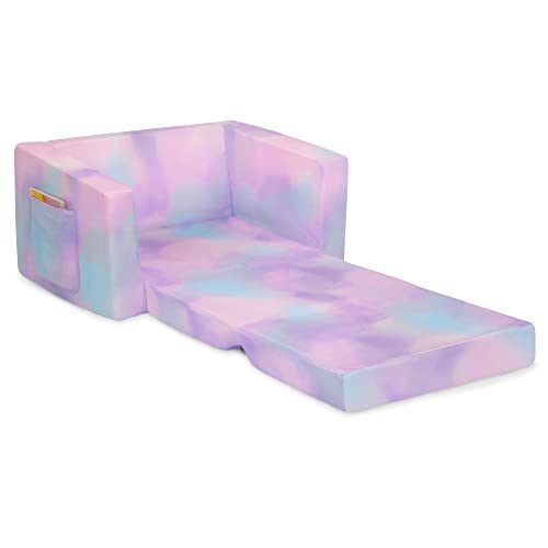 Delta Children Cozee 2-in-1 Convertible Sofa to Lounger - Comfy Flip Open Couch/Sleeper for Kids, Pink Tie Dye