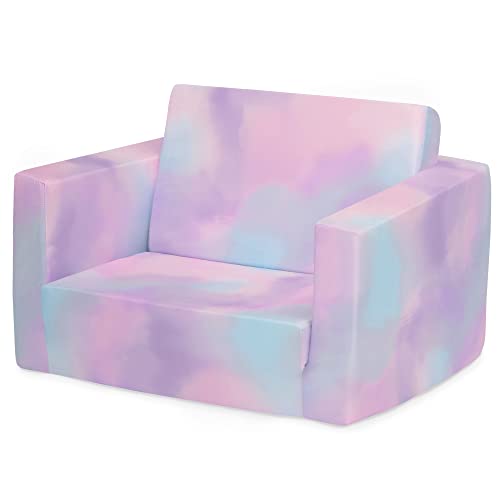 Delta Children Cozee 2-in-1 Convertible Sofa to Lounger - Comfy Flip Open Couch/Sleeper for Kids, Pink Tie Dye