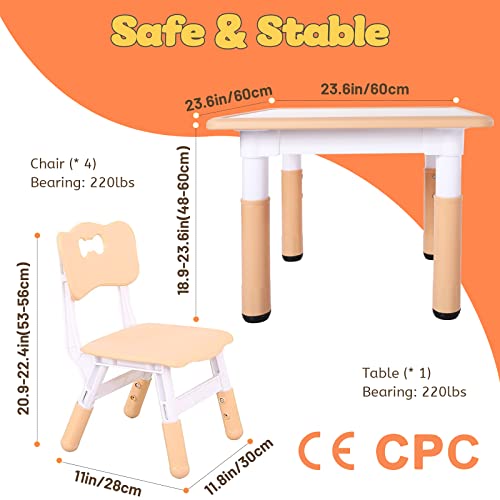 FUNLIO Kids Table and 4 Chairs Set, Height Adjustable Toddler Table and Chair Set for Ages 3-8, Easy to Wipe Arts & Crafts Table, for Classrooms/Daycares/Homes, CPC & CE Approved（5-Piece Set）