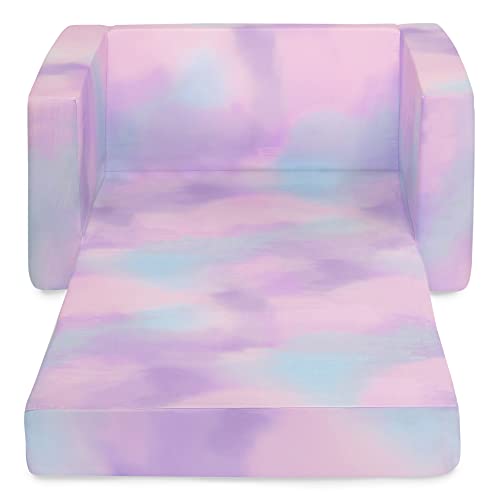 Delta Children Cozee 2-in-1 Convertible Sofa to Lounger - Comfy Flip Open Couch/Sleeper for Kids, Pink Tie Dye