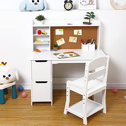 Wooden Study Desk and Chair for Kids, White Learning Table with Bookshelf, Bulletin Board and Cabinets, for Boys and Girls, 3-8 Y