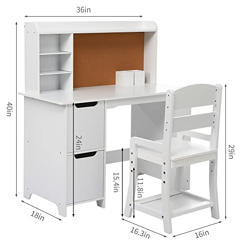 Wooden Study Desk and Chair for Kids, White Learning Table with Bookshelf, Bulletin Board and Cabinets, for Boys and Girls, 3-8 Y