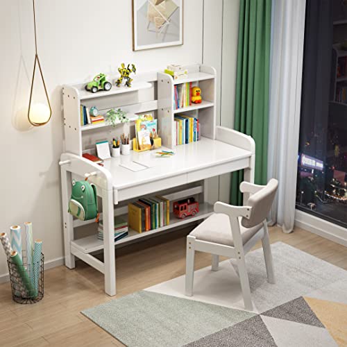 BALANBO Kids Table Kids Desk and Chair Set with Drawer and Bookshelf Wooden Children’s Media Desk Student's Study Computer Workstation and Writing Table (White)