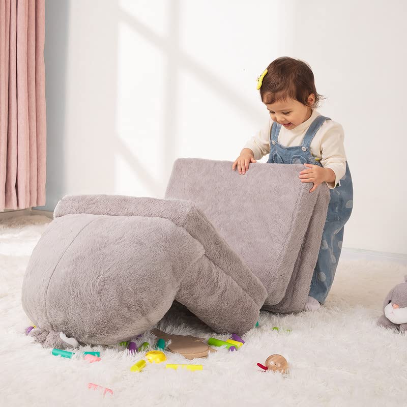 MONKISS Foldable Kids Sofa, Toddler Chair Plush with Removable Cover, Comfy Kids Couch for Kids Age 1-3 (Grey Bunny)