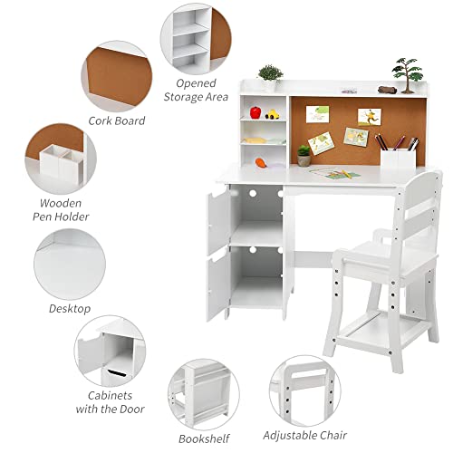 Wooden Study Desk and Chair for Kids, White Learning Table with Bookshelf, Bulletin Board and Cabinets, for Boys and Girls, 3-8 Y