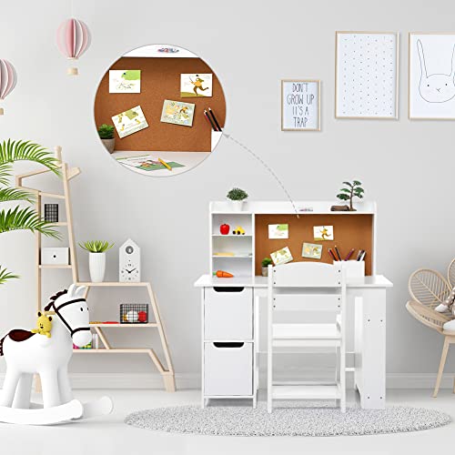 Wooden Study Desk and Chair for Kids, White Learning Table with Bookshelf, Bulletin Board and Cabinets, for Boys and Girls, 3-8 Y
