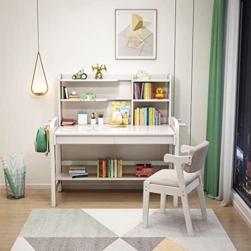 BALANBO Kids Table Kids Desk and Chair Set with Drawer and Bookshelf Wooden Children’s Media Desk Student's Study Computer Workstation and Writing Table (White)