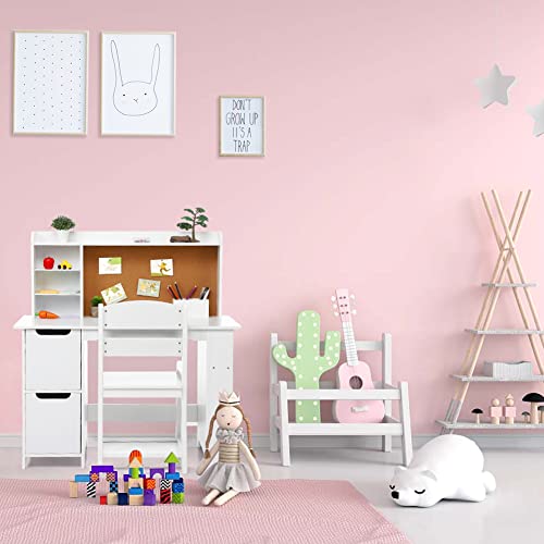 Wooden Study Desk and Chair for Kids, White Learning Table with Bookshelf, Bulletin Board and Cabinets, for Boys and Girls, 3-8 Y