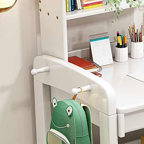 BALANBO Kids Table Kids Desk and Chair Set with Drawer and Bookshelf Wooden Children’s Media Desk Student's Study Computer Workstation and Writing Table (White)