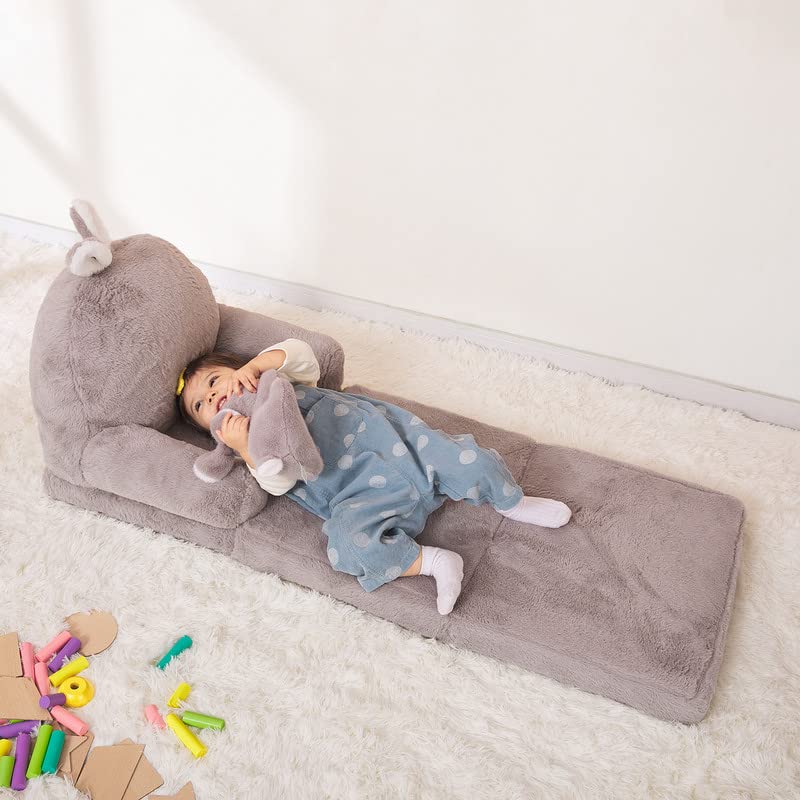 MONKISS Foldable Kids Sofa, Toddler Chair Plush with Removable Cover, Comfy Kids Couch for Kids Age 1-3 (Grey Bunny)