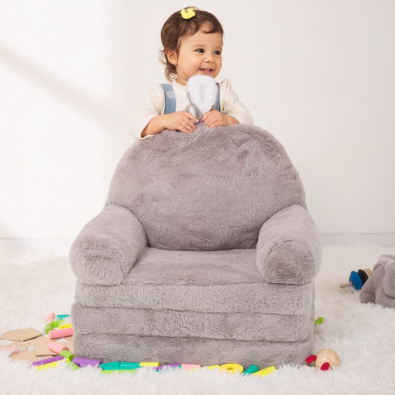 MONKISS Foldable Kids Sofa, Toddler Chair Plush with Removable Cover, Comfy Kids Couch for Kids Age 1-3 (Grey Bunny)