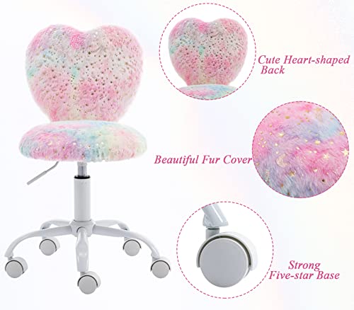 chairus Kids Desk Chair Faux Fur Study Chair for Teenage Girls, Adjustable Heart Shaped Kids Vanity Chair for Bedroom Reading Living Room, Small Cute Student Task Chair with White Foot, Colorful