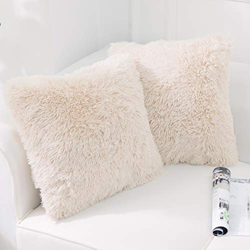 NordECO HOME Luxury Soft Faux Fur Fleece Cushion Cover Pillowcase Decorative Throw Pillows Covers, No Pillow Insert, 18" x 18" Inch, Beige, 2 Pack