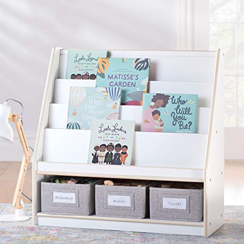 Guidecraft EdQ Essentials Book and Bin Display White with 3 Storage Bins: Wooden Kids Bookcase and Toy Storage Organizer; Homeschool and Classroom Bookshelf Furniture