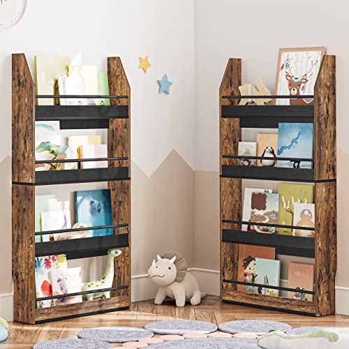 HOOBRO Kids Bookshelf, 4 Tiers Children’s Bookcase Rack, Toy Storage Bookshelf, 23.6"L x 5.9"W x 46.5"H, Save Space, Sturdy Bookshelf for Kids, for Nursery, Bedroom, Rustic Brown and Black BF128SJ01