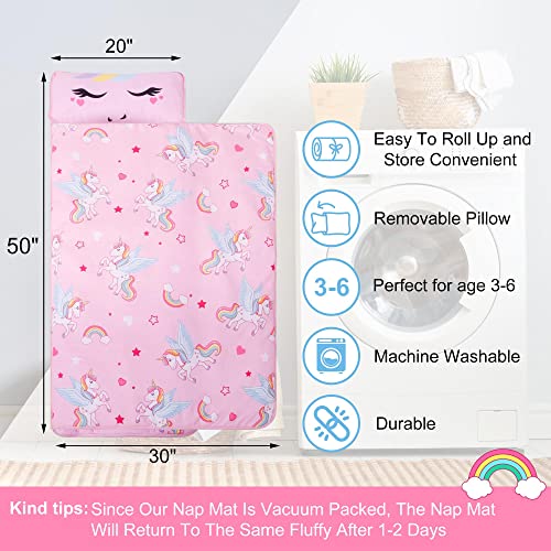 Unicorn Nap Mats for Preschool Daycare Toddler Nap Mat for Girls Daughter Kids Nap Mat with Pillow and Blanket,Sleeping Bag for Kids Granddaughter Kindergarten Travel Napping Gift,50"x20"