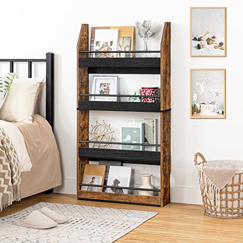 HOOBRO Kids Bookshelf, 4 Tiers Children’s Bookcase Rack, Toy Storage Bookshelf, 23.6"L x 5.9"W x 46.5"H, Save Space, Sturdy Bookshelf for Kids, for Nursery, Bedroom, Rustic Brown and Black BF128SJ01