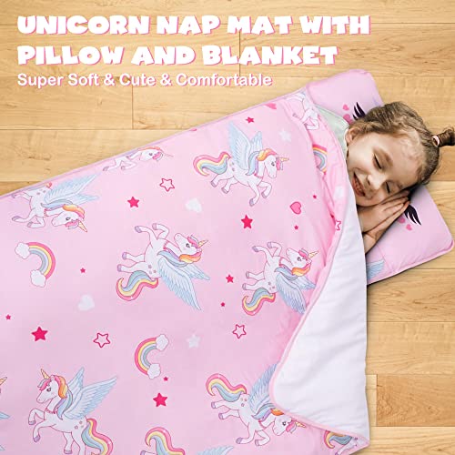 Unicorn Nap Mats for Preschool Daycare Toddler Nap Mat for Girls Daughter Kids Nap Mat with Pillow and Blanket,Sleeping Bag for Kids Granddaughter Kindergarten Travel Napping Gift,50"x20"
