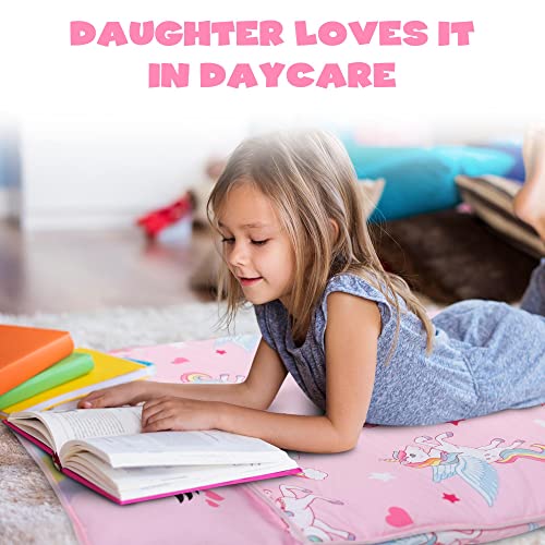 Unicorn Nap Mats for Preschool Daycare Toddler Nap Mat for Girls Daughter Kids Nap Mat with Pillow and Blanket,Sleeping Bag for Kids Granddaughter Kindergarten Travel Napping Gift,50"x20"