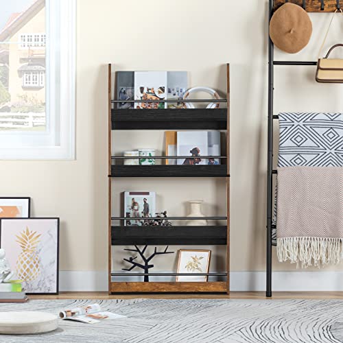 HOOBRO Kids Bookshelf, 4 Tiers Children’s Bookcase Rack, Toy Storage Bookshelf, 23.6"L x 5.9"W x 46.5"H, Save Space, Sturdy Bookshelf for Kids, for Nursery, Bedroom, Rustic Brown and Black BF128SJ01