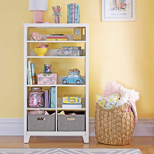 MARTHA STEWART Living and Learning Kids' Tall Bookcase (Creamy White) – 48 Inch Wooden Storage Organizer Cubby with Fabric Bins for Playroom and Bedroom