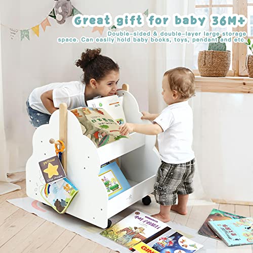 labebe Baby Wooden Bookshelf, Kids Bookshelf with Wheels for 36M+, Book Rack Wood/Kid Bookcase/Children Bookshelf/Toddler Book case/Children Books Display Self/Infant Book Toy Storage White