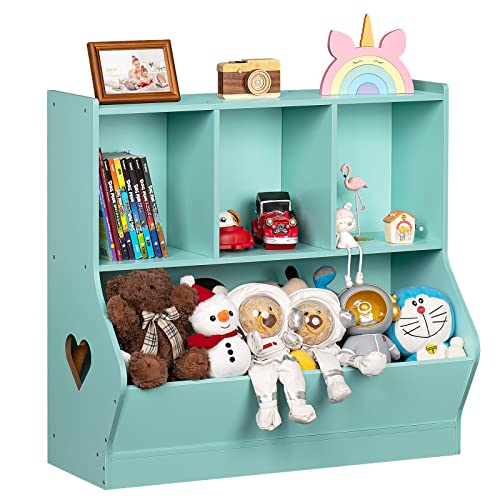Lerliuo Kids Toy Storage Organizer, Children Small Bookcase and Bookshelf, Toddler 4 Cubby Toy Storage Cabinet, Toy Shelf for Playroom, Bedroom, Living Room, Nursery, School 29.53'' H (Green)