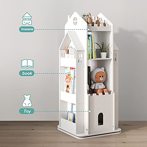 oxskk Revolving Bookcase,360° Children Bookshelf,Multi-Functional Floor Standing Book Storage Rack Organizer for Kids Room Bedroom-White 45x45x108cm(18x18x43inch) 68ps5-001