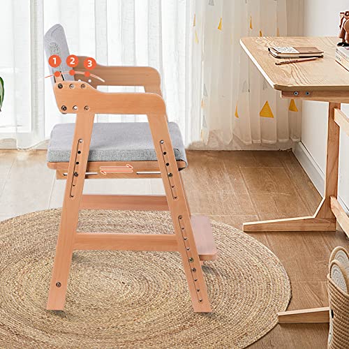 Ezebaby Wooden High Chair, Adjustable Highchair for Toddlers to Teens with Steps, Kids Dining Chair, Study Chair with Removable Cushion (Natural Color)