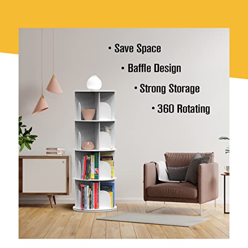 Rotating Bookshelf, Revolving Bookcase, Spinning Book Shelf, 4 Tier, 18.2” W x 50.6” H, White, Wood, 360 Degrees Bookshelves, Floor Stand, Rotation Display Tower, Stackable, Round, for Kids, Children