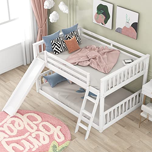 Tensun Full Over Full Floor Bunk Bed with Slide and Ladder,Solid Pine Wood Low Bunkbeds w/Safety Guardrails,No Box Spring Needed, for Boys/Girls/Kids Bedroom, White