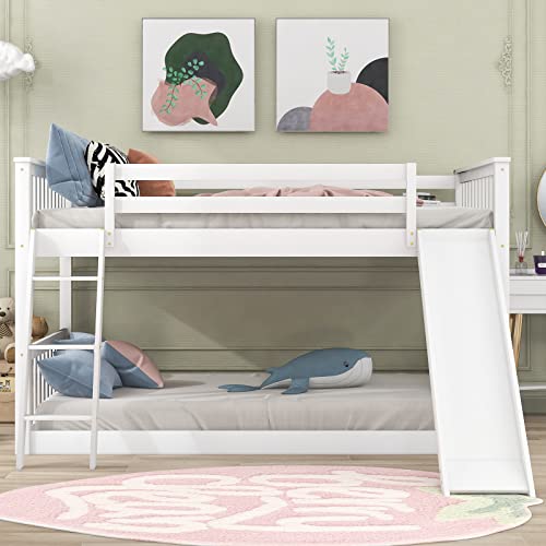 Tensun Full Over Full Floor Bunk Bed with Slide and Ladder,Solid Pine Wood Low Bunkbeds w/Safety Guardrails,No Box Spring Needed, for Boys/Girls/Kids Bedroom, White