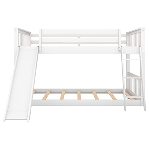 Tensun Full Over Full Floor Bunk Bed with Slide and Ladder,Solid Pine Wood Low Bunkbeds w/Safety Guardrails,No Box Spring Needed, for Boys/Girls/Kids Bedroom, White